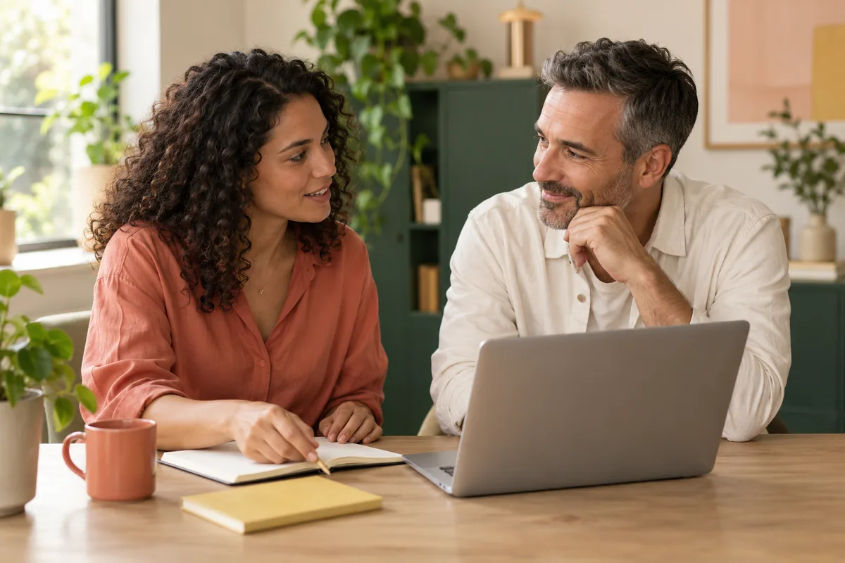Illustrative scene of two colleagues discussing work over a notebook and laptop.